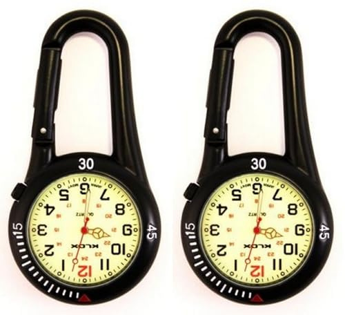 Klox 2 Stück Clip-on-Karabineruhr, Rucksack-Taschenuhr mit Gürtelschlaufe, Unisex-Uhr für Ärzte, Krankenschwestern, Outdoor-Aktivitäten, Sanitäter (Schwarz mit leuchtendem Ziffernblatt)
