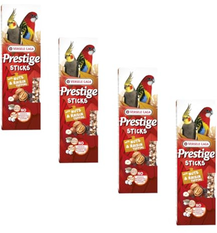 Versele-Laga Prestige Sticks Großsittiche mit Nüssen & Rosinentopping | 4er Pack | 4 x 140 g | Snack für Großsittiche | Ohne Zuckerzusatz und synthetische Konservierungsmittel