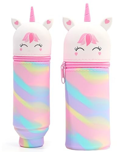 MPXEAVG 2 in 1 Weiche Silikontasche Kawaii Federmäppchen, Stiftetasche Buntstifte Marker, Cartoon Federmäppchen, Niedliche Schulbedarf Mädchen Junge, Gerade (Einhorn Weiß)