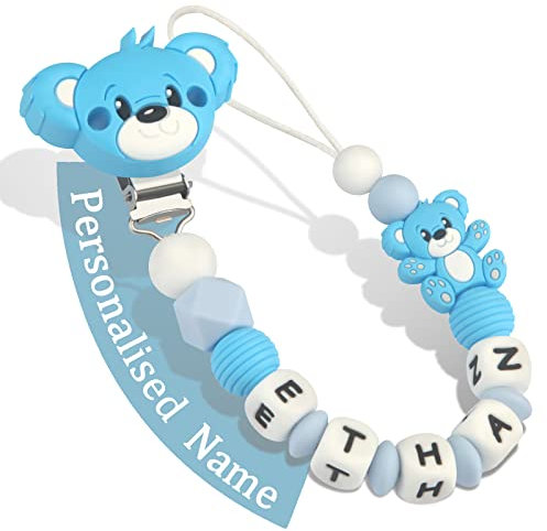 Yolnkos Clip Ciuccio con Nome Personalizzata Catenella Portaciuccio Teddy Orso Porta ciuccio(Blu)