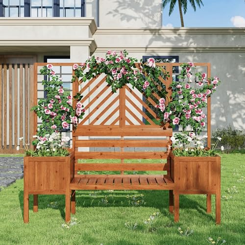 LAKFEW Pflanzkübel mit Bank 2 Sitzer, Pflanzgefäß mit Sichtschutz und Rankgitter, Rankkasten Holz Blumenkasten Rankhilfe mit Spalier, Blumenkübel für Kletterpflanzen, 170x145x42 cm, Braun