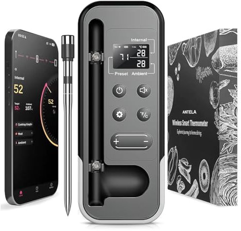 ANTELA Fleischthermometer Kabellos 200M Bluetooth 5.3 mit LCD Anzeige, Alarmfunktion, Digitales Backthermometer Meat Thermometer, für Ofen, BBQ, Grill, Raucher via APP