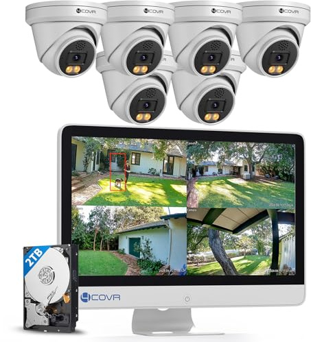 4COVR PoE CCTV Camera Systems with Monitor, 8CH NVR 2TB HDD, ELY97KA5MU806 | 6×5MP Dome Security IP Camera IP67 Outdoor, 2 Way Audio & Color Night Vision, Person Vehicle Detection, 4K H.265 NVR