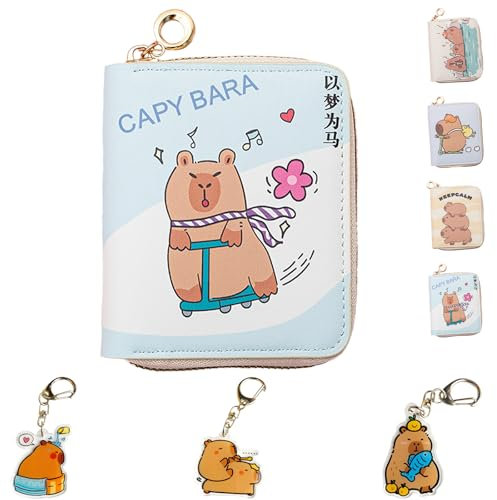 LaresDay Capybara Geldbeutel für Kinder-Portemonnaie mit Schlüsselanhänger&Reißverschluss,Umhängbar für Schule/Reise+3 Stück Capybara Anhänger (Geschenkbox Jungen Mädchen 5-12 Jahre) (Roller)