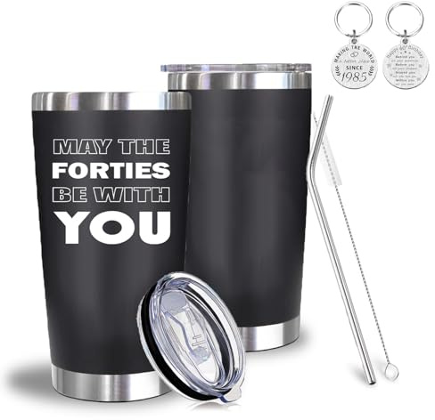 40th Birthday Gifts for Men Women, 1986 Resuable Coffee Cup, 20oz Insulated Tumbler with Lid and Straw, Stainless Steel Water Bottle with Cleaning Brush Keychain (May The Forties Be with You)