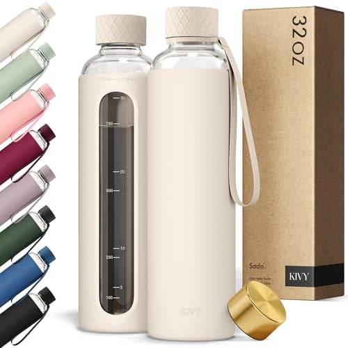 KIVY Glass Water Bottle with Silicone Sleeve 32 oz - with Measurement | Borosilicate Glass Water Bottle Screw Top - Clear Bottles with Measurement Marking - Slim Waterbottle Aesthetic - BPA-Free