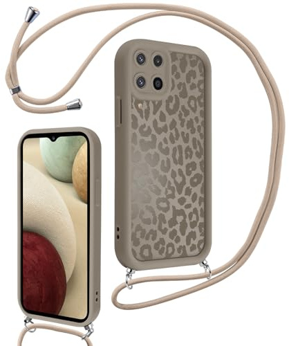 Xylota Coque avec Cordon pour Samsung Galaxy A12 4G, Aesthetic Léopard Motif Etui avec Réglable Collier Silicone Corde Protection Bumper Case, Lanyard Antichoc Housse pour Samsung A12 4G 6,5'', Marron