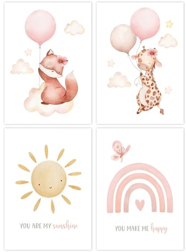 Eclove 4er-Set Bilder Kinderzimmer - Süße Aquarell-Motive mit Fuchs & Giraffe in Rosa, Wandtattoo Babyzimmer für Mädchenzimmer, Nursery, A4 (21x30 cm) Ohne Rahmen