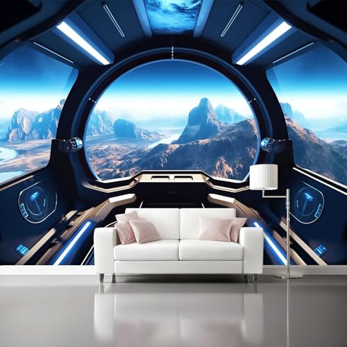 Fototapete Außerirdisches Raumschiff Berge Motivtapeten - 350 x 256 cm Vliestapete für Schlafzimmer Wohnzimmer TV Hintergrund Büro Wanddeko, Fantasie Wandtapete Mural Dekoration