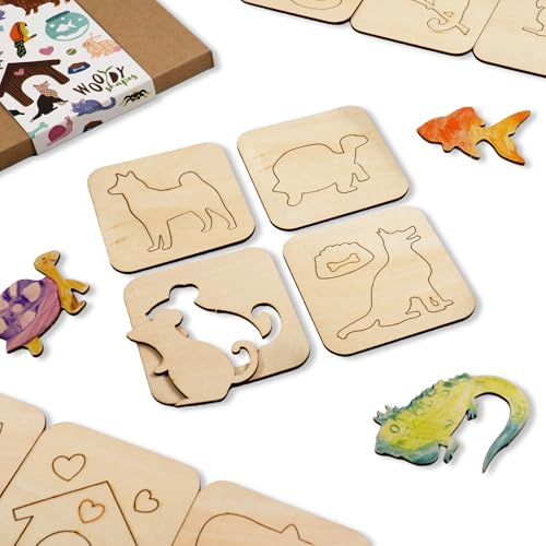 NAKLEO Holzschablonen zum Zeichnen für Kinder, Set mit 20 Stück 9,5x9,5cm Haustiere, Montessori Lernspielzeug Vorlagen Kreative Bastelvorlagen Pädagogisches DIY Handwerk Malset, Papier Wand