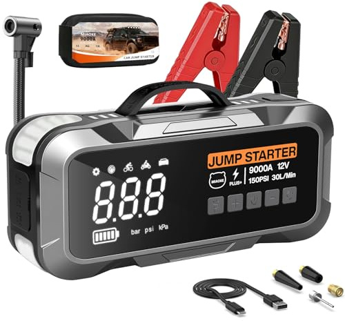 9000A Portátil Arrancador de Coches, 12V, 150 PSI Compresor, 8000mAh | Batería de Arranque para Coche, con Pantalla Digital, Linterna LED de 800LM, para Todos Motores de Gasolina y Diésel de 12L