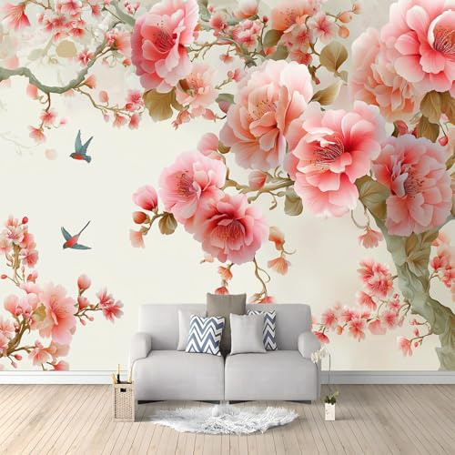 Chinesischer Stil Exquisit Blumen Vögel Motiv Fototapete Kinderzimmer Wandtapete Schlafzimmer, 250 x 175 cm Rosa Vliestapete Wohnzimmer Vlies Tapete, UV-Beständig Wanddekoration Tapete