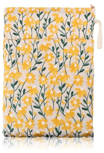 GLOBLELAND Étui de Livre Brodé de Fleurs avec Fermeture Éclair Protège Livre Jaune Marguerite avec Poignée pour Livres Brochés et Reliés Pochette Cadeau pour les Amoureuses des Livres Anniversaire