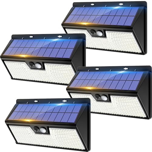 vighep 318 LED Solarlampe Außen mit Bewegungsmelder, große Solar-Wandleuchte Kaltweiß, IP65 wasserdichte Außenlampe mit 3 Modi, Solarleuchte für Garten, Garage, Haustür, Treppe, 4 Stück