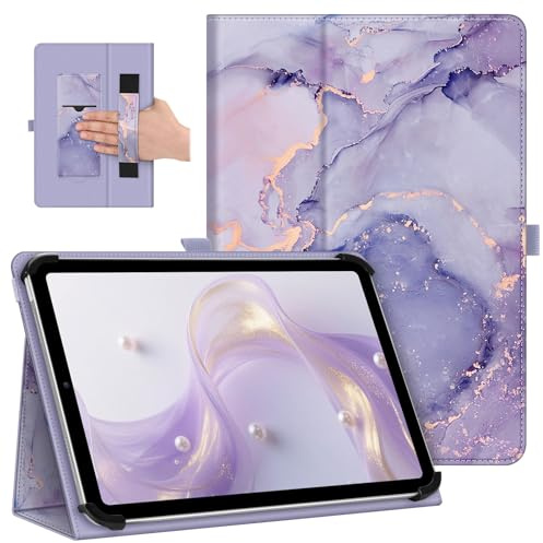 Fintie Tablet Hülle für 10 10.1 11 Zoll mit Stiftschlaufe & Handschlaufe, | Universal Schutzhülle für 9-11 Zoll Tablet, Multi-Winkel Standhülle, PU-Leder, Allround-Schutz, Mit Kartenfach, Marmor Lila