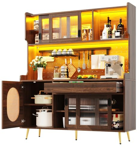 DRIXNO Küchenschrank, Buffetschrank mit LED-Beleuchtung, Sideboard mit Schubladen, Esszimmerschrank mit Snackregal, 5 Türen, für Küche, Wohnzimmer, Esszimmer, 145x39x171 cm, Braun