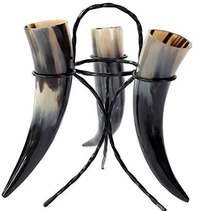Lot de 3 verres à liqueur viking en forme de corne à boire - Support en métal authentique d'inspiration médiévale - Pour bar et cuisine
