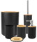 6Pcs Ensemble d'Accessoires de Salle de Bain avec Porte-Savon,Bouteille de Lotion,Porte-Brosse À Dents,Poubelle et Brosse de Toilette Accessoires en Bambou et Bois de Brossage(Noir)