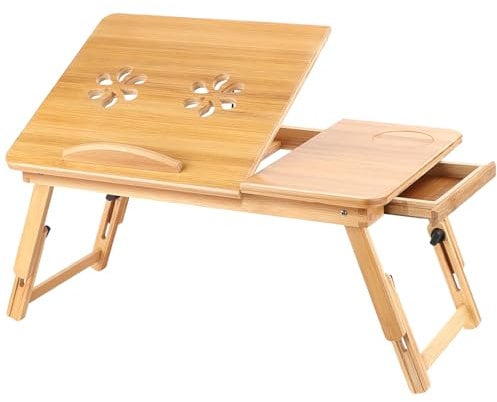 Shoze Bamboo Folding Notebook Table Desktop Notebook Computer Laptop Table Foldable and Portable Design Adjustable Height and Angle for Breakfast Tray or Drawing Table