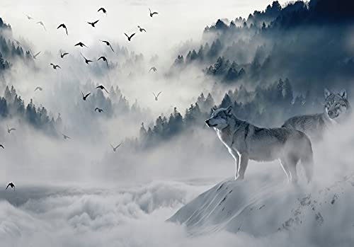 WallArena Fototapete Wolf Tiere Vögel Landschaft Wald im Nebel Modern Wohnzimmer Schlafzimmer Wandtapete Vlies Tapete UV-Beständig Geruchsfrei Montagefertig (12395, VEXXXXL (416x290 cm) 4 Bahnen)