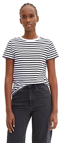 TOM TAILOR Denim Damen Boxy Fit T-Shirt mit Streifen aus Bio-Baumwolle 31641 - White Black Stripe M