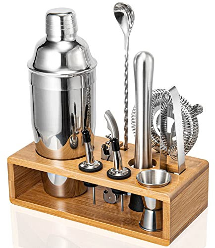 Cocktail Shaker Set, Mixology Bartender Kit 10-Piece Bar Tool Set with Stylish Bamboo Stand, Bar kit: Matini Shaker Mixing Spoon Muddler Jigger Cocksrew for Barware Set