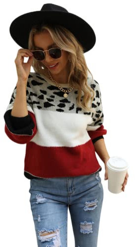 HEYPORK Damen Herbst Winter Warm Bequem Pullover Casual Mode Strickjacke Strickpullover Frauen Winter Patchwork Leopard Druck Rundhals Pullover Pullover Stricken(Rot, M)