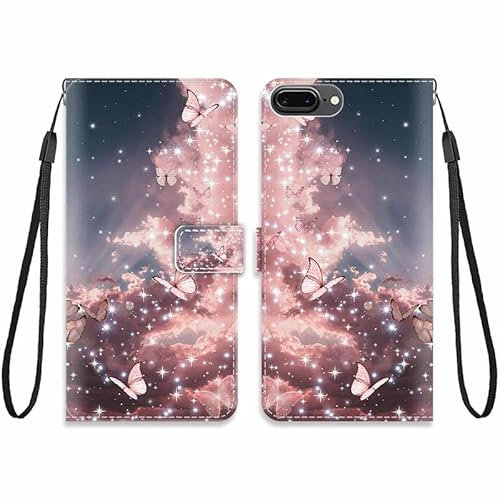 KARTXITAI Case Compatible with iPhone 7 Plus/8 Plus,Pattern PU Leather Flip Phone Case Wallet Cover with Card Slot Holder Magnetic TPU Bumper Protective Cover-Pink butterfly, sky, glitter, clouds