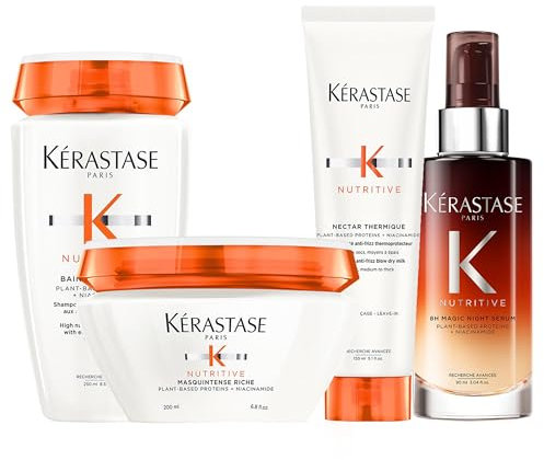Kérastase, Nutritive, Routine Nourrissante pour Cheveux Moyens à Epais, Secs à Très Secs, Shampoing Bain Satin Riche + Masquintense Riche + Nectar Thermique + 8H Magic Night Sérum