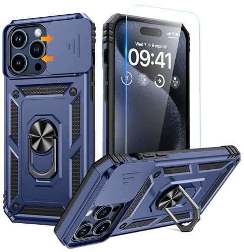 Goton Schutzhülle für iPhone 15 Pro Max mit Displayschutzfolie, Kamera-Abdeckung, Schutzhülle mit Ringständer, strapazierfähig, stoßfest, robust, für iPhone 15 Promax-Zubehör, Blau