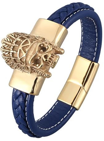 Wycian Schädel Armband, Armband für Männer Totenkopf-Lederarmband mit Magnetischer Schnalle Gold 16.5CM Rostfreier Stahl für Männer Frauen