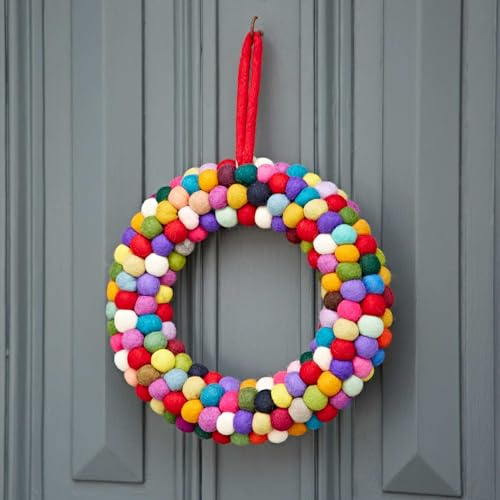 Felt Multicoloured Wreath - Fair Trade Felted Décor - Wool Christmas - Felt Handmade Xmas Décor - Classic Door - Colourful and Bright