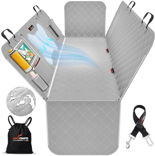 LOYA CRAFTS Pet Backseat Extender for Dogs, 600D Fabric Hard Bottom Dog Hammock for Car Back Seat Holds 500lbs, Waterproof, Car Back Seat Cover for Dogs w/Mesh Window, 6 Storage Pocket (Gray)