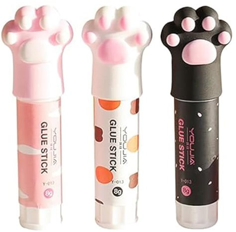 3PCS Cute Glue Sticks, Cat Claw Shaped 3.9x0.8 Inch Solids Glue Sticks for School Quick Stick Coloured, Non Toxic Kawaii Stationery for Kids
