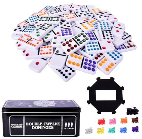 Elbow Room Games Double Twelve Dominoes Set with 91 Dominoes, 10 Trains, Starter Piece, Storage Tin – Perfect for Mexican Train, Block, and Draw – for 2-8 Players