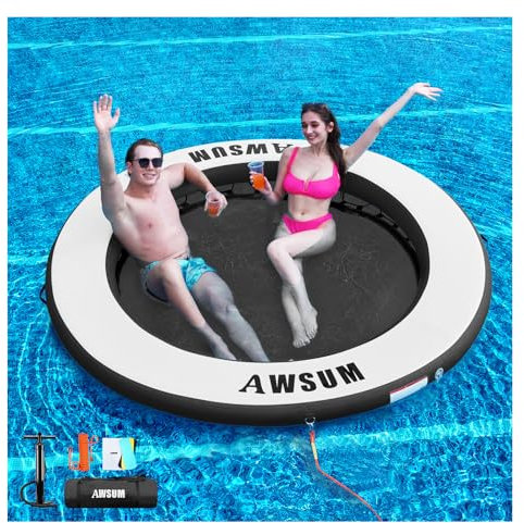 AWSUM Isla de natación grande para barco, inflable, isla de baño, plataforma flotante, esterilla de agua flotante, isla de baño redonda con red, flotador de piscina de 240 cm