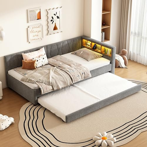 RIAZOS Polsterbett Schlafsofa 90x200, Einzelbett mit Ausziehbett, Daybett mit LED Staufach, Tagesbett mit USB Typ C Ladefunktion, Jugendbett Kinderbett Gästebett, Leinen, ohne Matratze, Grau