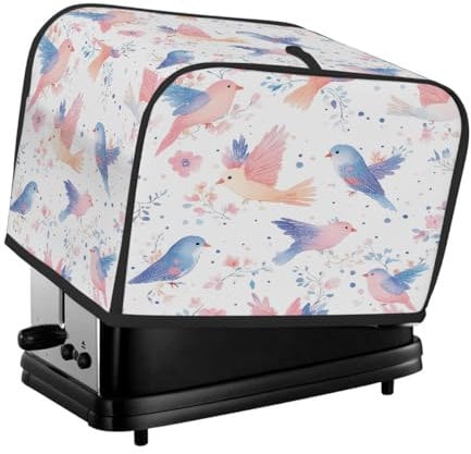 Pastel Colored Birds Leaves Toaster Cover 4 Slice for Kitchen Appliances, Waterproof Oxford Fabric Appliance Cover with Side Pocket & Handle Loop, Dustproof & Wear-Resistant