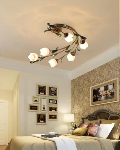 AstrizLamp Blumen Deckenleuchte, Retro Landhausstil Pendelleuchte mit Matt Glas Rosa Lampenschirm Dimmbar-3 Farbtemperaturen E14-6 Kopf LED Deckenlampe für Wohnzimmer Schlafzimmer Restaurant Flur