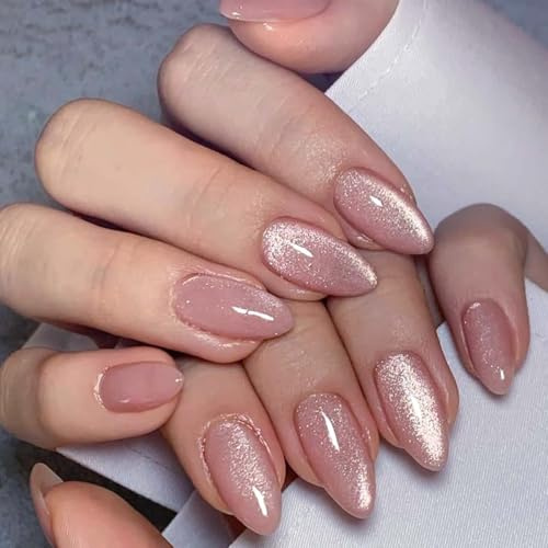 Cat Eye Press on Nails, 24 Stück Rosa Almond Nägel zum Aufkleben Katzenaugen, Full Cover Fingernägel Mit Nagelkleber, Glänz Soft Gel Fake Nails für Frauen, Kunstnägel zum Aufkleben Nail Art