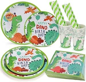 Juego de Vajilla de Papel para Fiesta de Cumpleaños Infantil Dinosaurios y Jungla - 100 Unidades para 20 Personas - Platos, Tazas, Pajitas y Servilletas