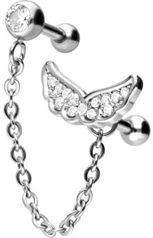PIERCINGLINE Chirurgenstahl Ohrpiercing KRISTALL + KETTE + FLÜGEL Piercing Schmuck Ohr Stecker Helix Silberfarben