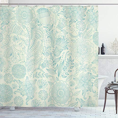ABAKUHAUS Blau und Grün Duschvorhang, Antike Blumen, Stoffliches Gewebe Badezimmerdekorationsset mit Haken, 175 x 200 cm, Hellgrün und Blau