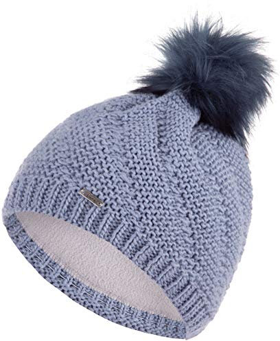 Faera Wintermütze Mütze Damen warm gefüttert Kunstfell Bommelmütze Fleecefutter Winter Herbst Strickmütze Beanie Mädchen 64, Farbe:Hellblau
