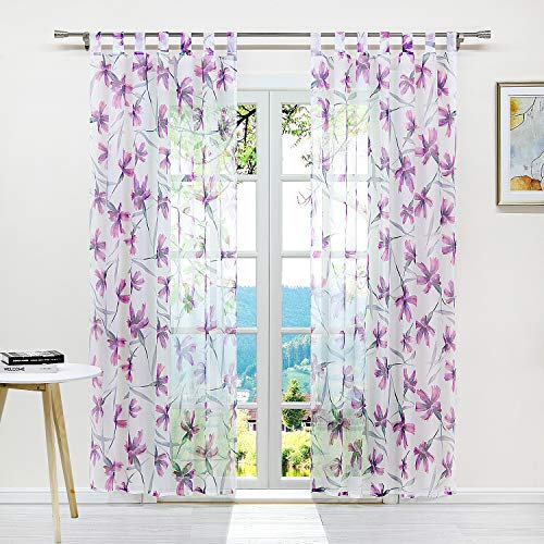 ESLIR Gardinen mit Schlaufen Vorhänge Gardinenschals Transparent Schlaufenschal Pflanzen Muster Voile Lila BxH 140x225cm 1 Stück