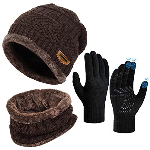 Wintermütze Schal Touchscreen Handschuhe Set - Unisex Beanie Strickmütze Winterschal Thermo Handschuhe | Fleecefutter Warme Knit Hut Loop Schal Rutschfeste Handschuhe | für Herre Ski 3-in-1 Winter-Set
