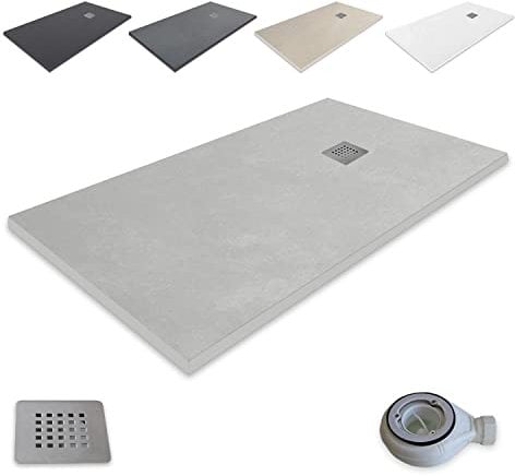 Extra-flat Resin Shower Tray outletaseo – All Sizes Available – Non-Slip Slate Texture – Includes Waste Valve + Grate (160x70, Gris ciment RAL 7037)