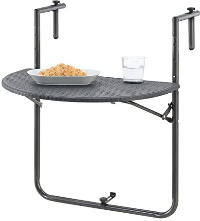 Table de Balcon Suspendue Rabattable et Réglable en Hauteur 2 Porte-Gobelets Capacité de Charge 15 kg Acier Laqué PEHD 84 x 60 x 64 cm Gris Foncé