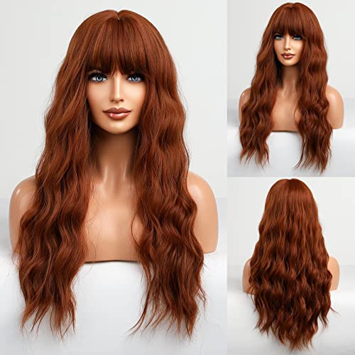 HAIRCUBE Orange Perücke mit Pony Lange Kupfer Rot Lockige Perücken für Frauen Lange AuburnHitzebeständige natürliche synthetische Perücke für den täglichen Gebrauch