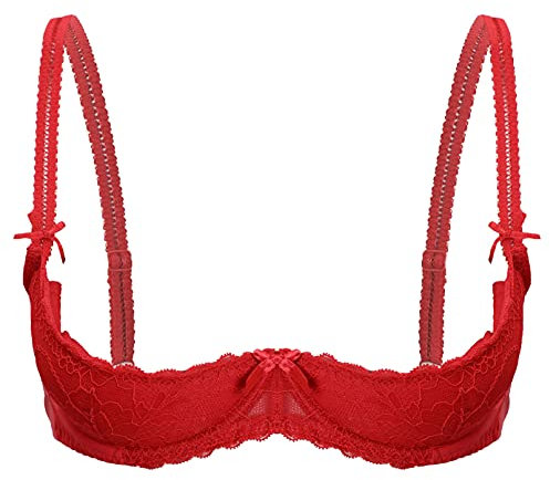 Fldy Women Sexy Lace Lingerie Bra Top Balconette Bra Half Cup Padded Push Up Underwire Brassiere Red M